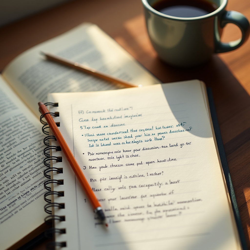 Cuaderno con anotaciones y preguntas escritas a mano para un club de lectura