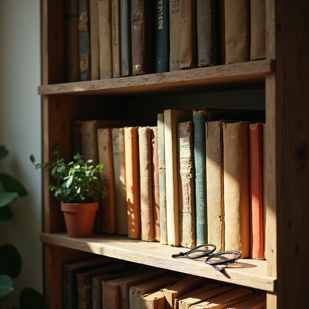 Estantería casera con libros usados organizados por color y tamaño