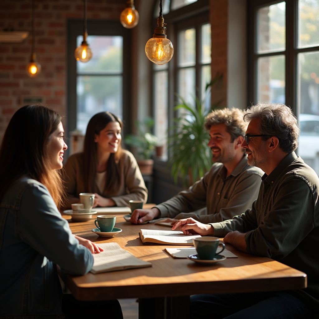 Grupo de lectores reunido en una mesa de café de barrio conversando sobre un libro