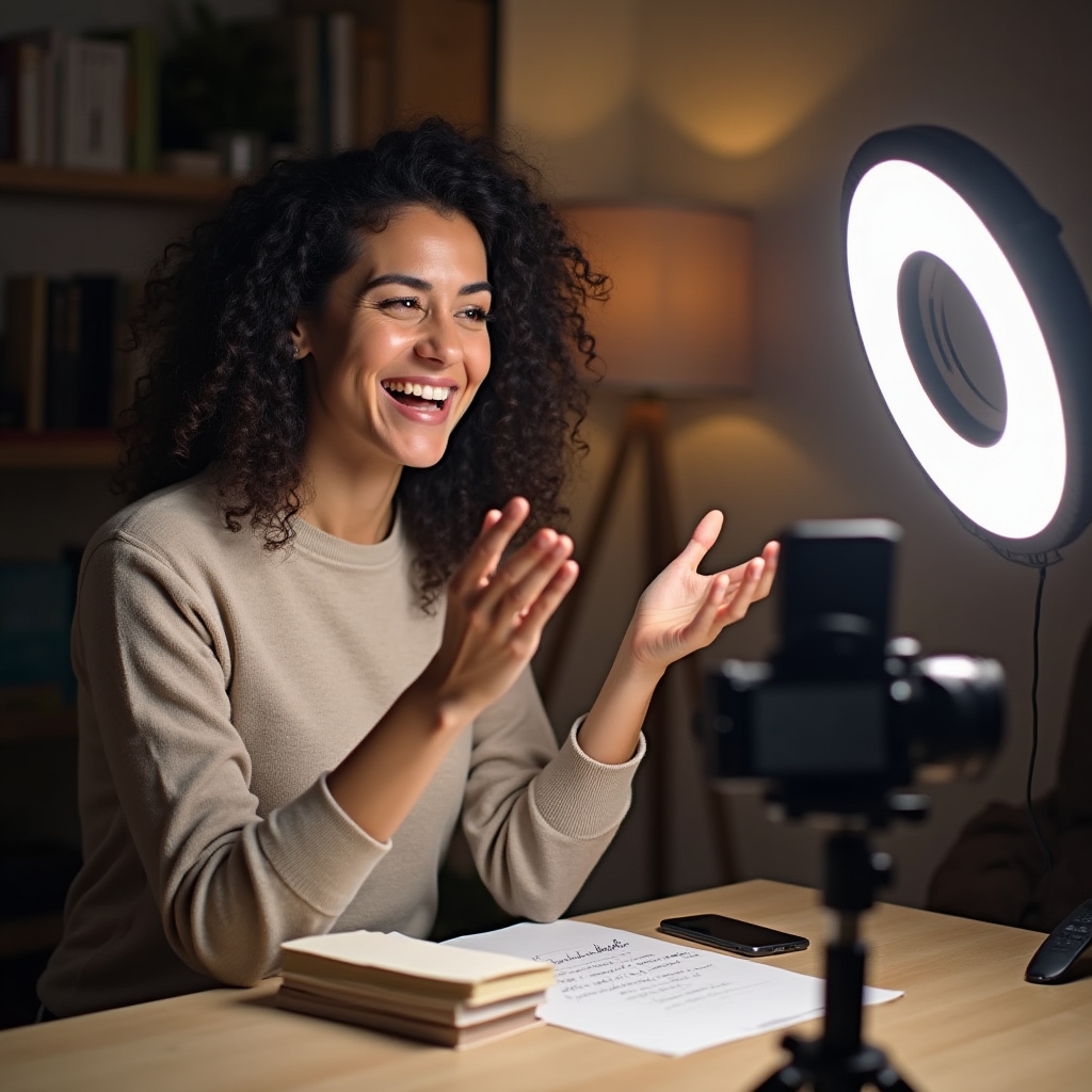Persona grabando una guía en video sobre organización de clubes de lectura con notas y libros a un costado