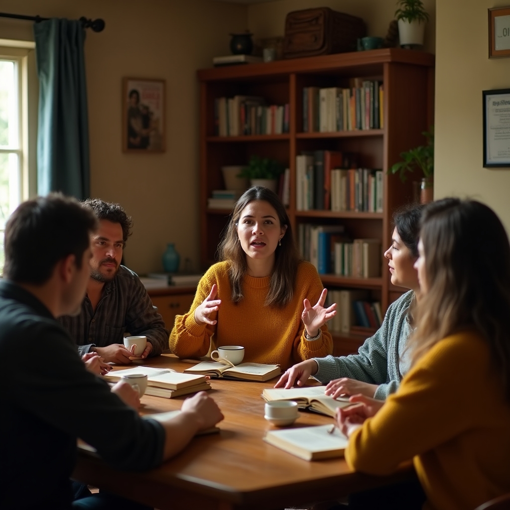 Grupo de lectores conversando alrededor de una mesa con libros en un encuentro barrial