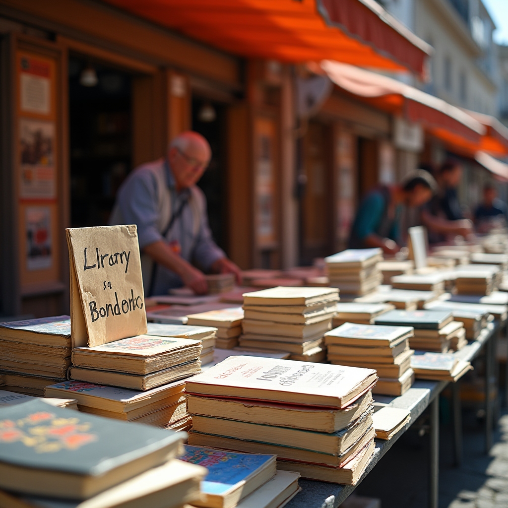 Mesa de feria con libros usados apilados en un mercado de barrio