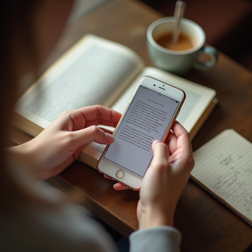 Persona escribiendo una reseña breve de un libro en su celular sin revelar el final
