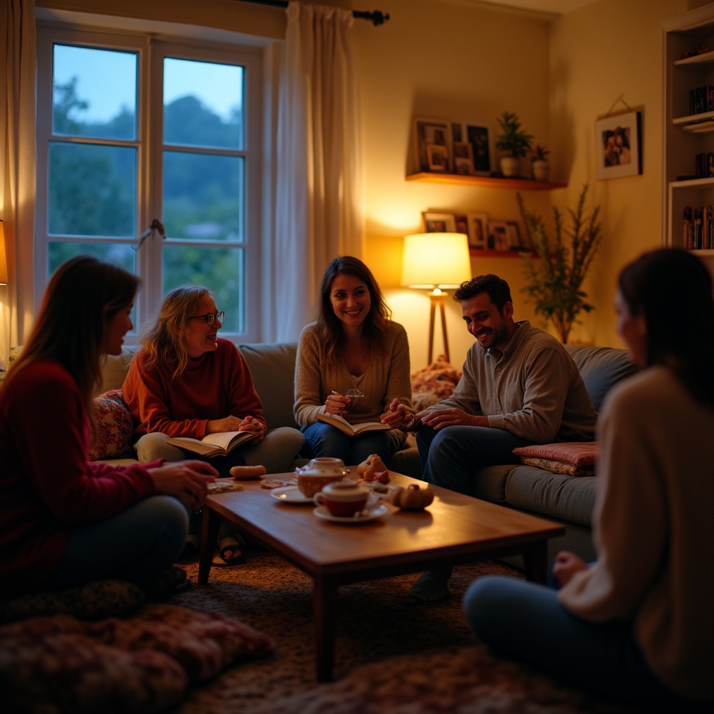 Encuentro de club de lectura en el living de una casa con libros sobre la mesa