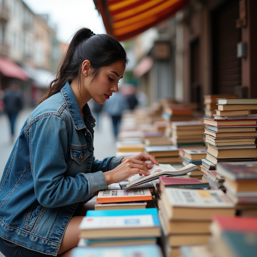 Persona revisando libros usados en una mesa de feria barrial